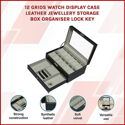 12 Grids Watch Display Case Leather jewellery Storage Box Organiser Lock Key-Watch Accessories-PEROZ Accessories