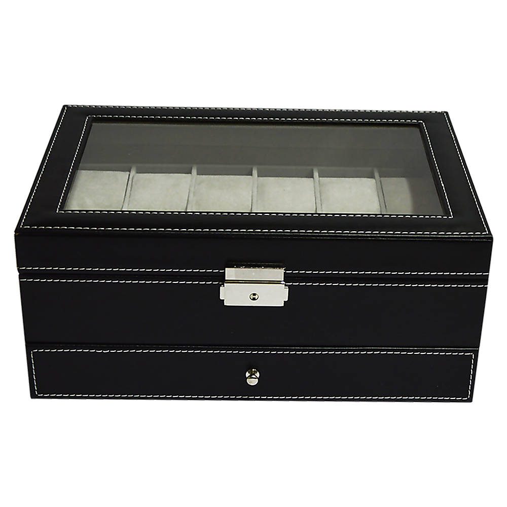 12 Grids Watch Display Case Leather jewellery Storage Box Organiser Lock Key-Watch Accessories-PEROZ Accessories