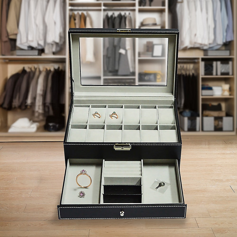 12 Grids Watch Display Case Leather jewellery Storage Box Organiser Lock Key-Watch Accessories-PEROZ Accessories
