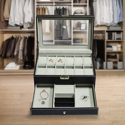 12 Grids Watch Display Case Leather jewellery Storage Box Organiser Lock Key-Watch Accessories-PEROZ Accessories