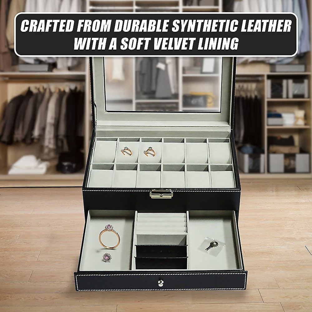 12 Grids Watch Display Case Leather jewellery Storage Box Organiser Lock Key-Watch Accessories-PEROZ Accessories