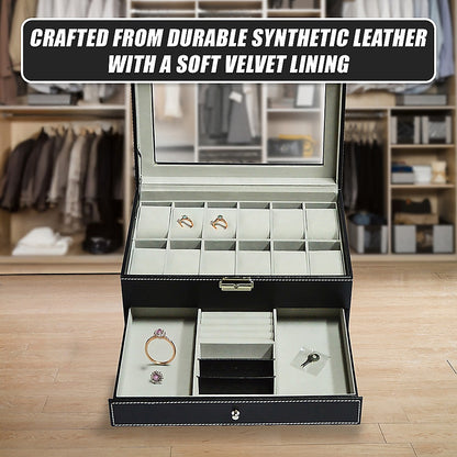 12 Grids Watch Display Case Leather jewellery Storage Box Organiser Lock Key-Watch Accessories-PEROZ Accessories