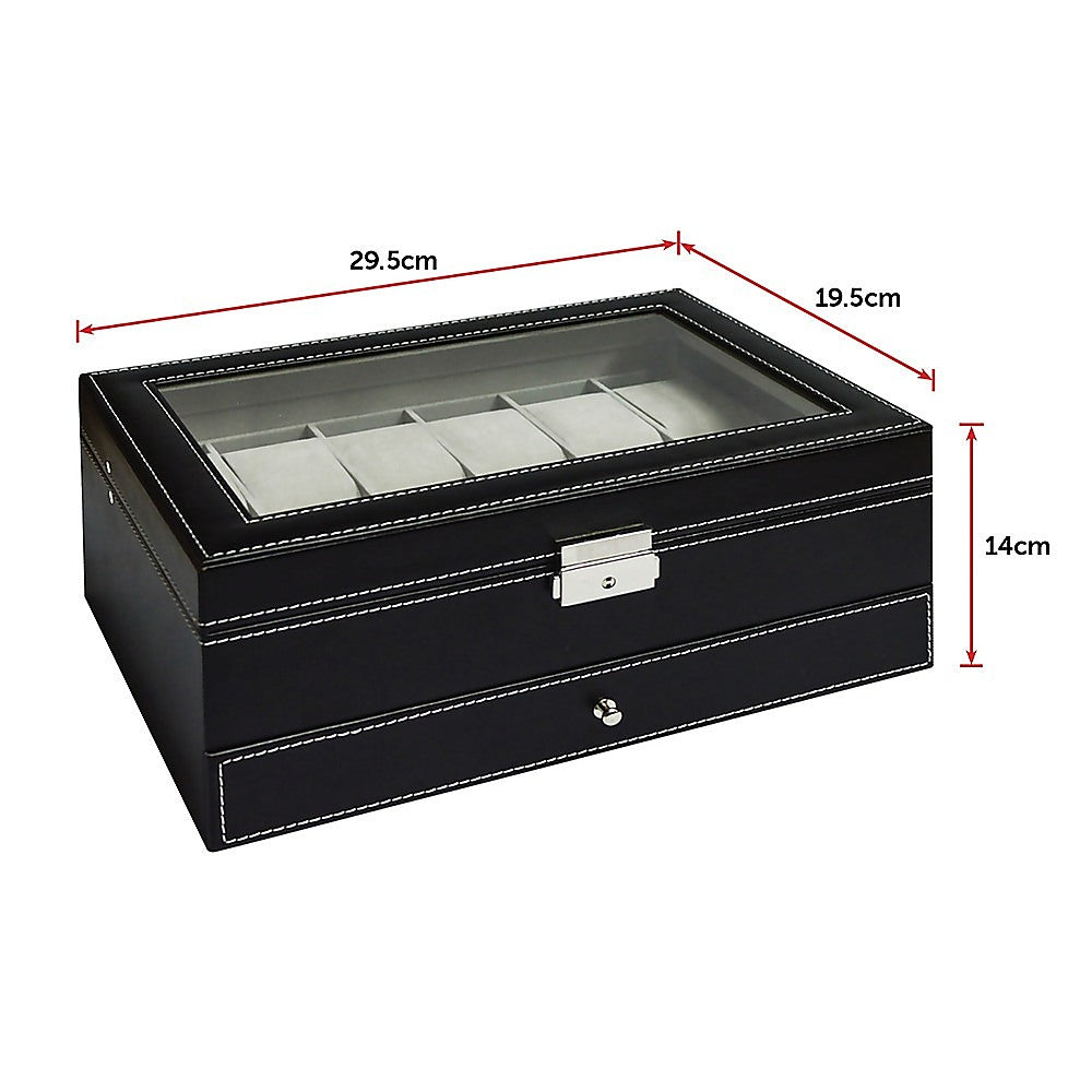 12 Grids Watch Display Case Leather jewellery Storage Box Organiser Lock Key-Watch Accessories-PEROZ Accessories
