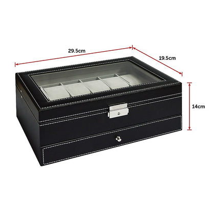 12 Grids Watch Display Case Leather jewellery Storage Box Organiser Lock Key-Watch Accessories-PEROZ Accessories