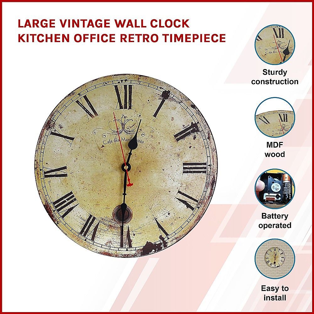 Large Vintage Wall Clock Kitchen Office Retro Timepiece-Home &amp; Garden > Decor-PEROZ Accessories