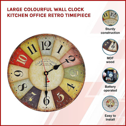 Large Colourful Wall Clock Kitchen Office Retro Timepiece-Home &amp; Garden > Decor-PEROZ Accessories