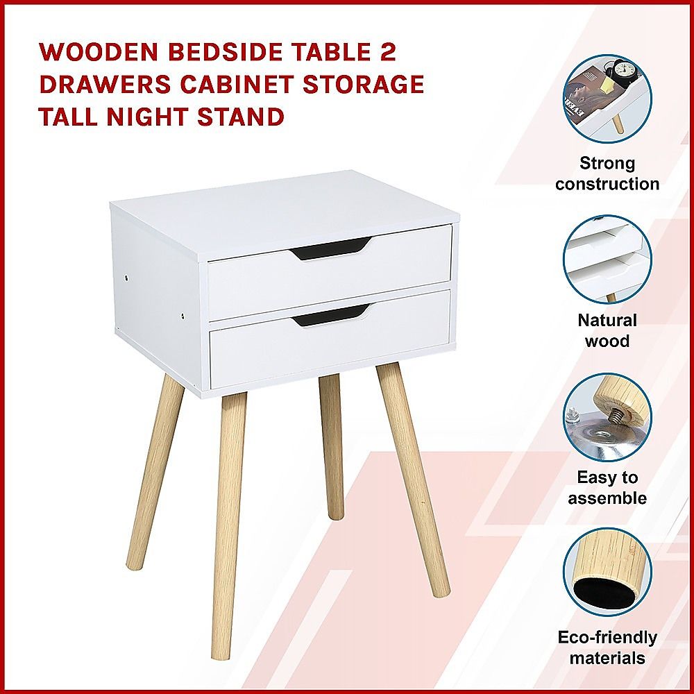 Wooden Bedside Table 2 Drawers Cabinet Storage Tall Night Stand-BedSide Tabless-PEROZ Accessories