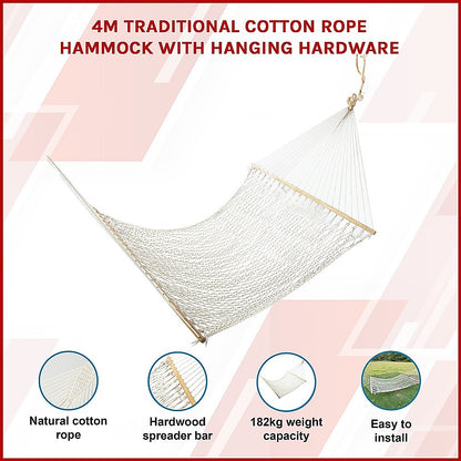 4m Traditional Cotton Rope Hammock with Hanging Hardware-Hammock-PEROZ Accessories