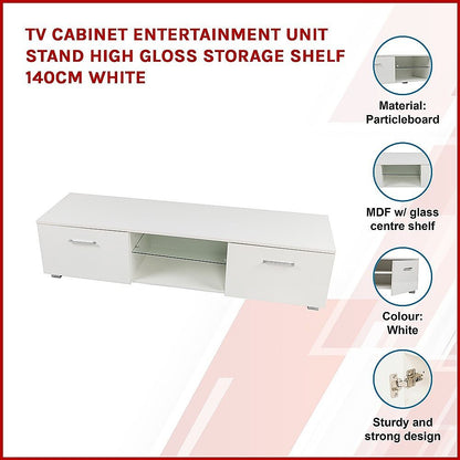 TV Cabinet Entertainment Unit Stand High Gloss Storage Shelf 140cm White-Entertainment Unit-PEROZ Accessories