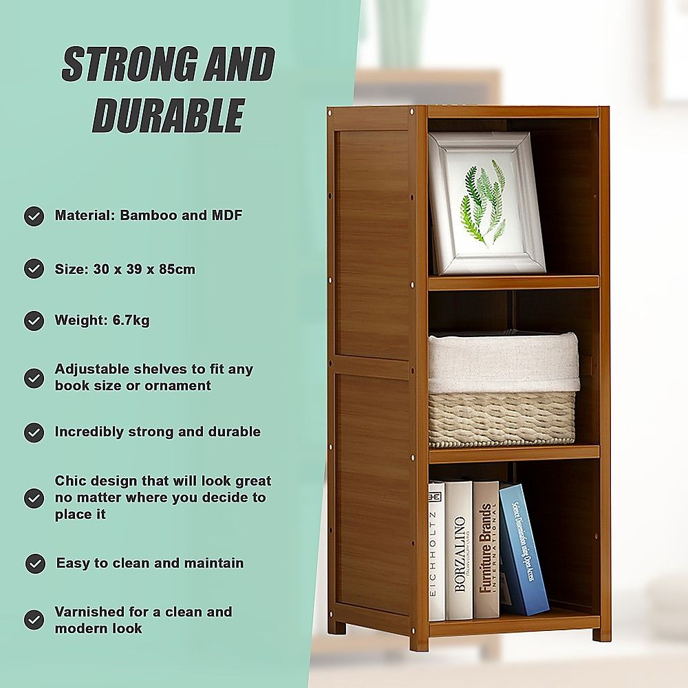 Bamboo Adjustable 3-Shelf Bookcase – Display Storage Rack Stand for Living Room, Bedroom, Office or Home Décor-Bookcases &amp; Shelves-PEROZ Accessories