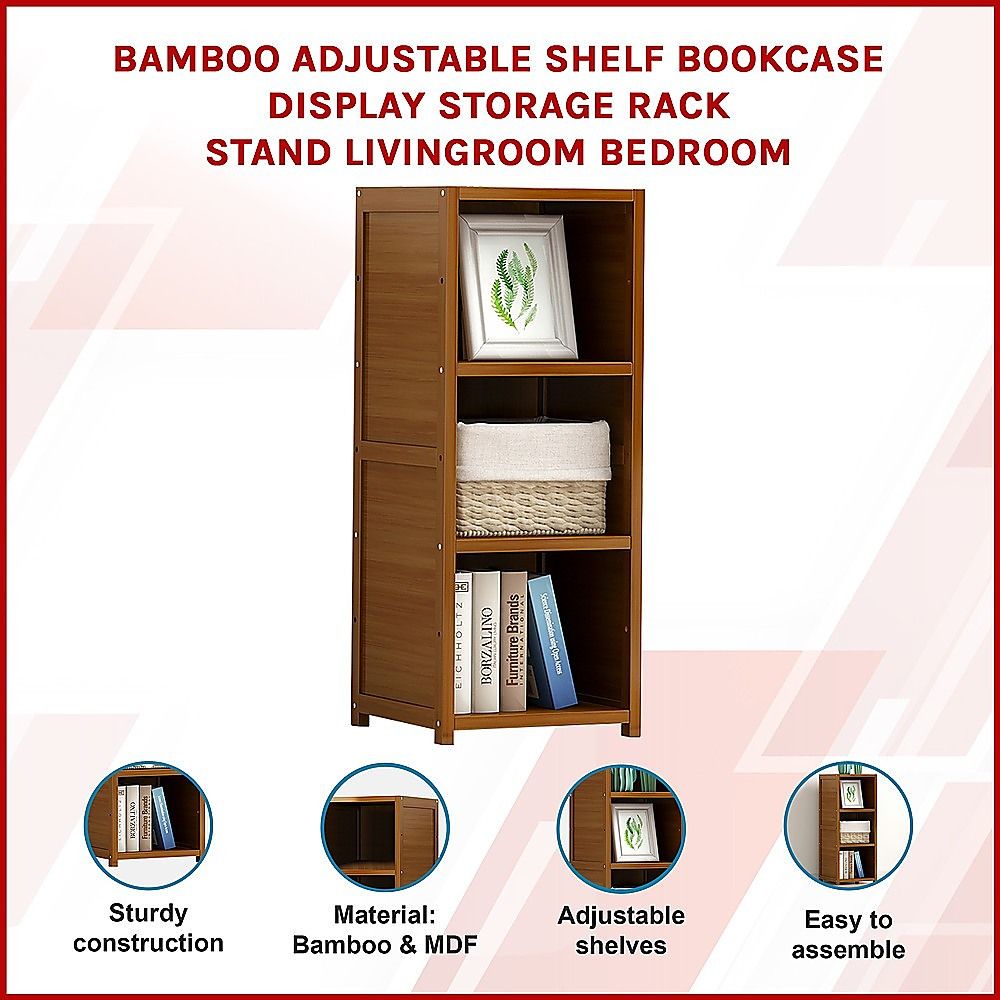 Bamboo Adjustable 3-Shelf Bookcase – Display Storage Rack Stand for Living Room, Bedroom, Office or Home Décor-Bookcases &amp; Shelves-PEROZ Accessories