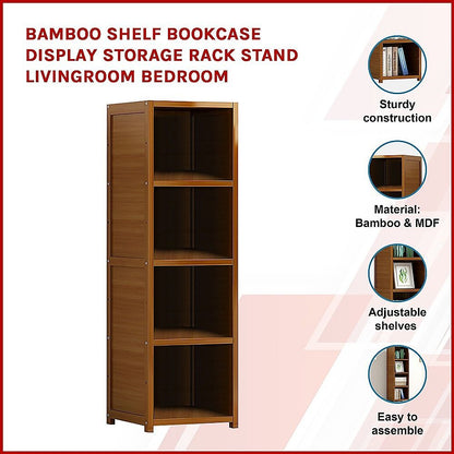 Bamboo 4-Shelf Bookcase – Adjustable Display Storage Rack Stand for Living Room, Bedroom, Office or Home Organisation-Bookcases &amp; Shelves-PEROZ Accessories