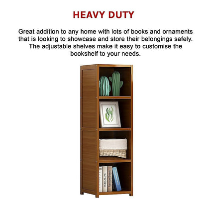 Bamboo 4-Shelf Bookcase – Adjustable Display Storage Rack Stand for Living Room, Bedroom, Office or Home Organisation-Bookcases &amp; Shelves-PEROZ Accessories