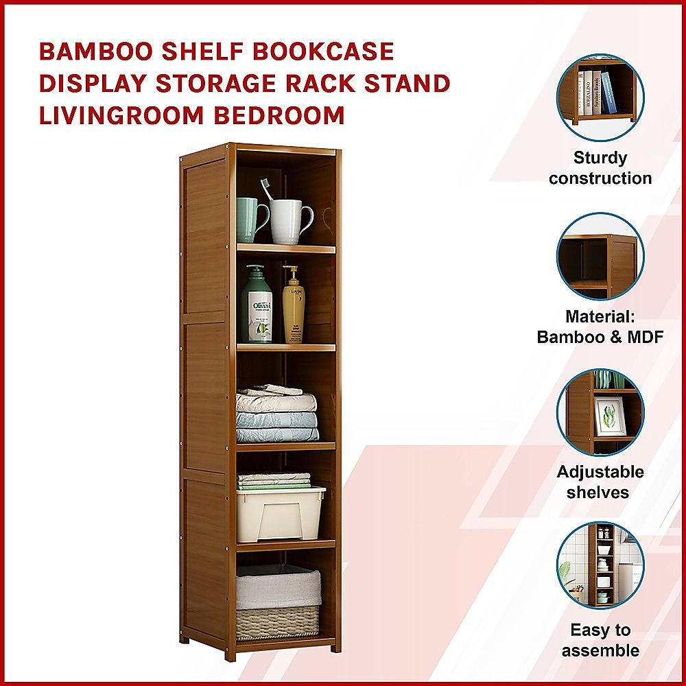 Bamboo 5-Shelf Bookcase – Tall Display Storage Rack Stand for Living Room, Bedroom, Office or Home Organisation-Bookcases &amp; Shelves-PEROZ Accessories