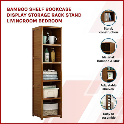 Bamboo 5-Shelf Bookcase – Tall Display Storage Rack Stand for Living Room, Bedroom, Office or Home Organisation-Bookcases &amp; Shelves-PEROZ Accessories