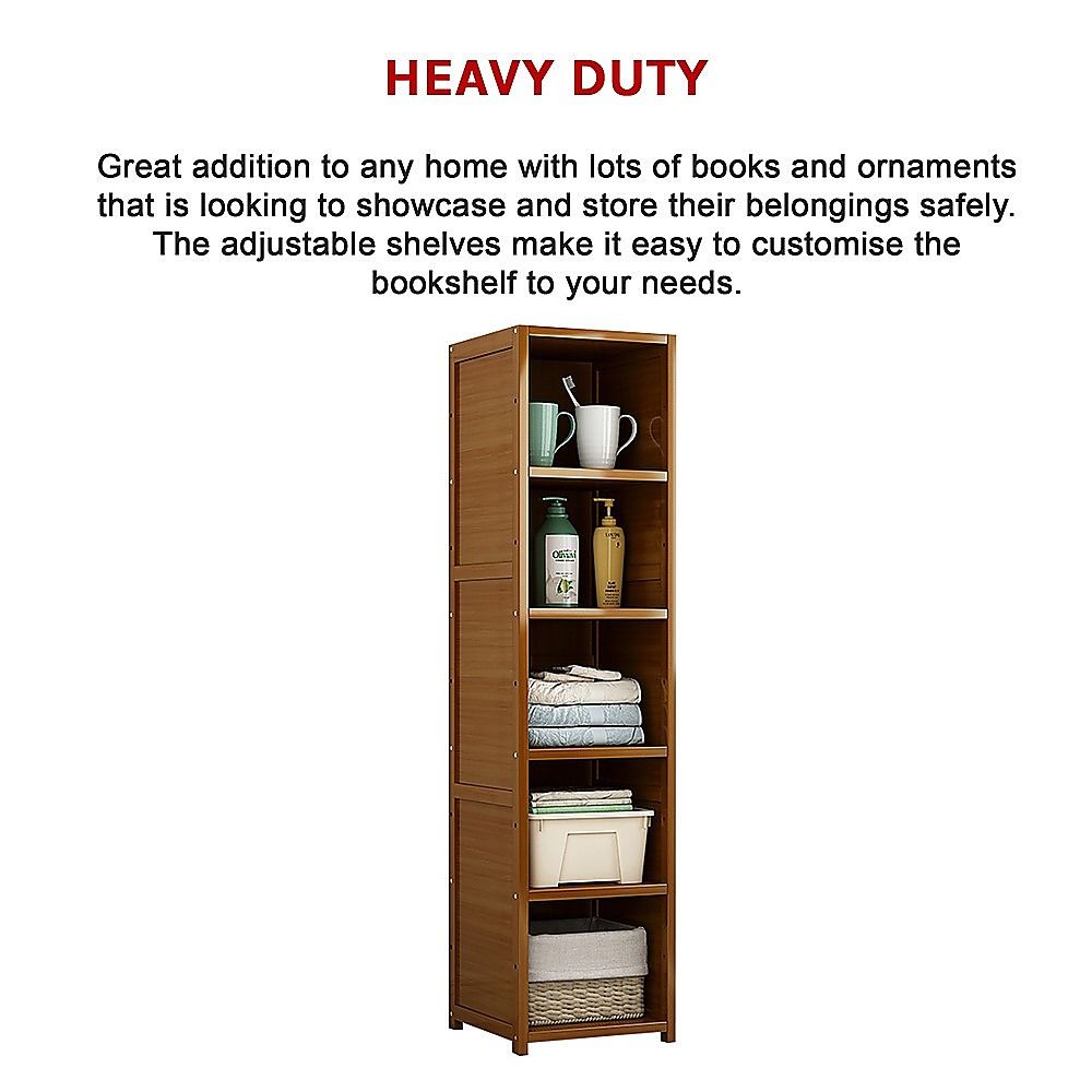 Bamboo 5-Shelf Bookcase – Tall Display Storage Rack Stand for Living Room, Bedroom, Office or Home Organisation-Bookcases &amp; Shelves-PEROZ Accessories