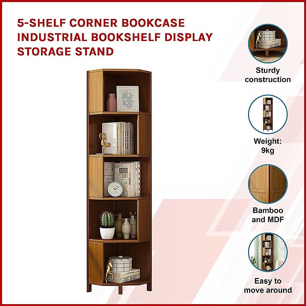 5-Shelf Corner Bookcase Industrial Bookshelf Display Storage Stand-Bookcases &amp; Shelves-PEROZ Accessories