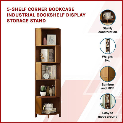 5-Shelf Corner Bookcase Industrial Bookshelf Display Storage Stand-Bookcases &amp; Shelves-PEROZ Accessories