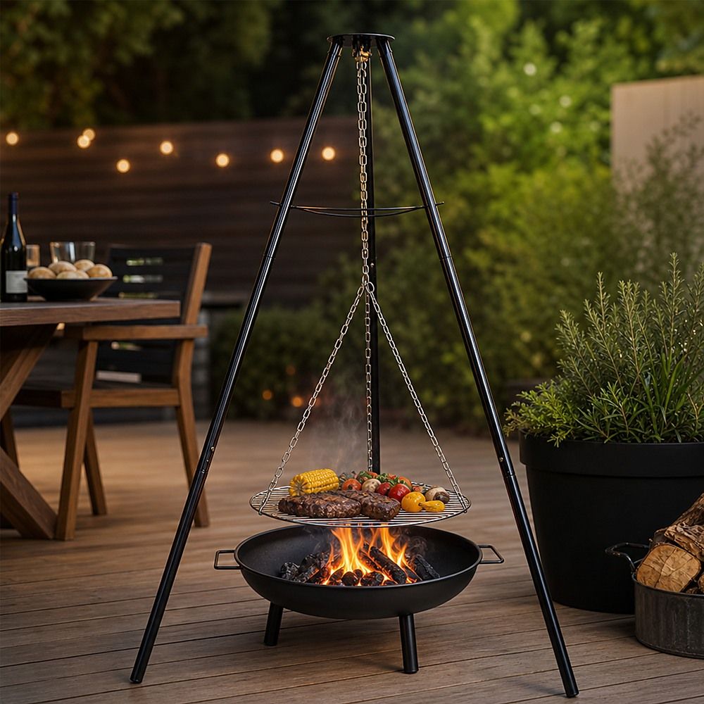 Tripod Garden Fire Pit BBQ – Cast Iron &amp; Steel Round Outdoor Fire Bowl-BBQs-PEROZ Accessories