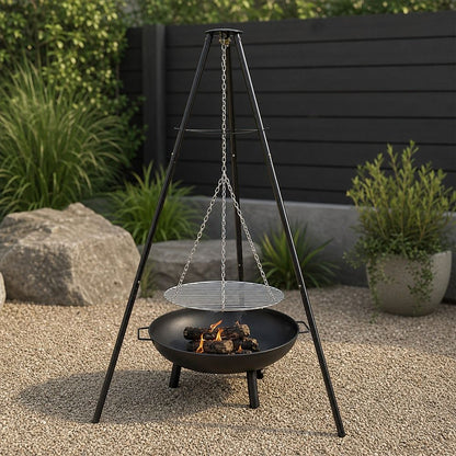 Tripod Garden Fire Pit BBQ – Cast Iron &amp; Steel Round Outdoor Fire Bowl-BBQs-PEROZ Accessories