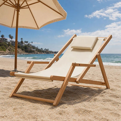 Premium Foldable Wooden Sling Chair Outdoor Patio Lounge Chair with Head Cushion-Baby &amp; Kids > Baby &amp; Kid&