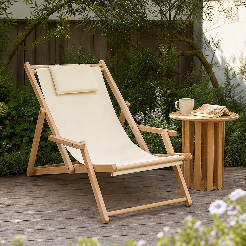 Premium Foldable Wooden Sling Chair Outdoor Patio Lounge Chair with Head Cushion-Baby &amp; Kids > Baby &amp; Kid&