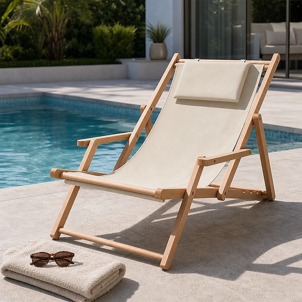Premium Foldable Wooden Sling Chair Outdoor Patio Lounge Chair with Head Cushion-Baby &amp; Kids > Baby &amp; Kid&