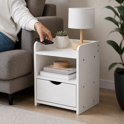 White Bedside Table with Drawer &amp; Open Shelves Bedroom Nightstand Storage Cabinet-Furniture > Office-PEROZ Accessories