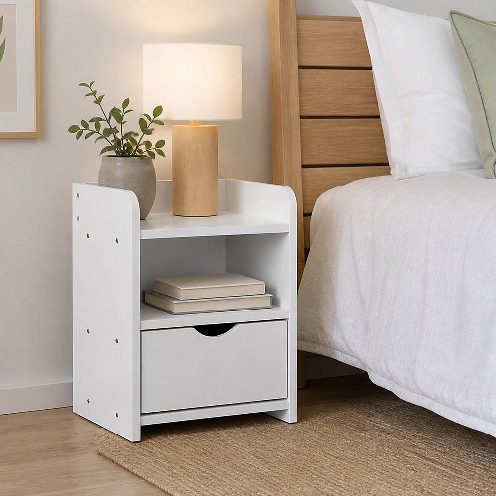 White Bedside Table with Drawer &amp; Open Shelves Bedroom Nightstand Storage Cabinet-Furniture > Office-PEROZ Accessories