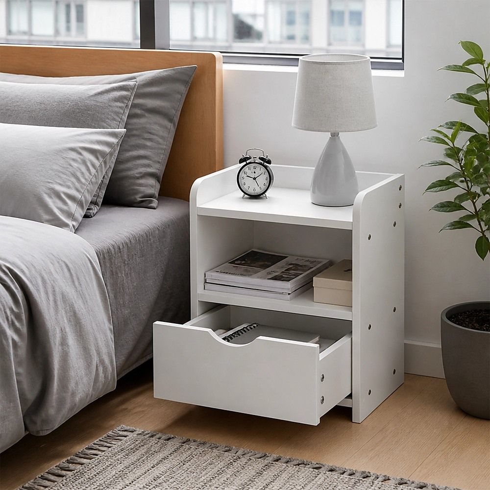 White Bedside Table with Drawer &amp; Open Shelves Bedroom Nightstand Storage Cabinet-Furniture > Office-PEROZ Accessories