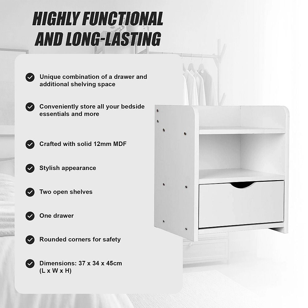 White Bedside Table with Drawer &amp; Open Shelves Bedroom Nightstand Storage Cabinet-Furniture > Office-PEROZ Accessories