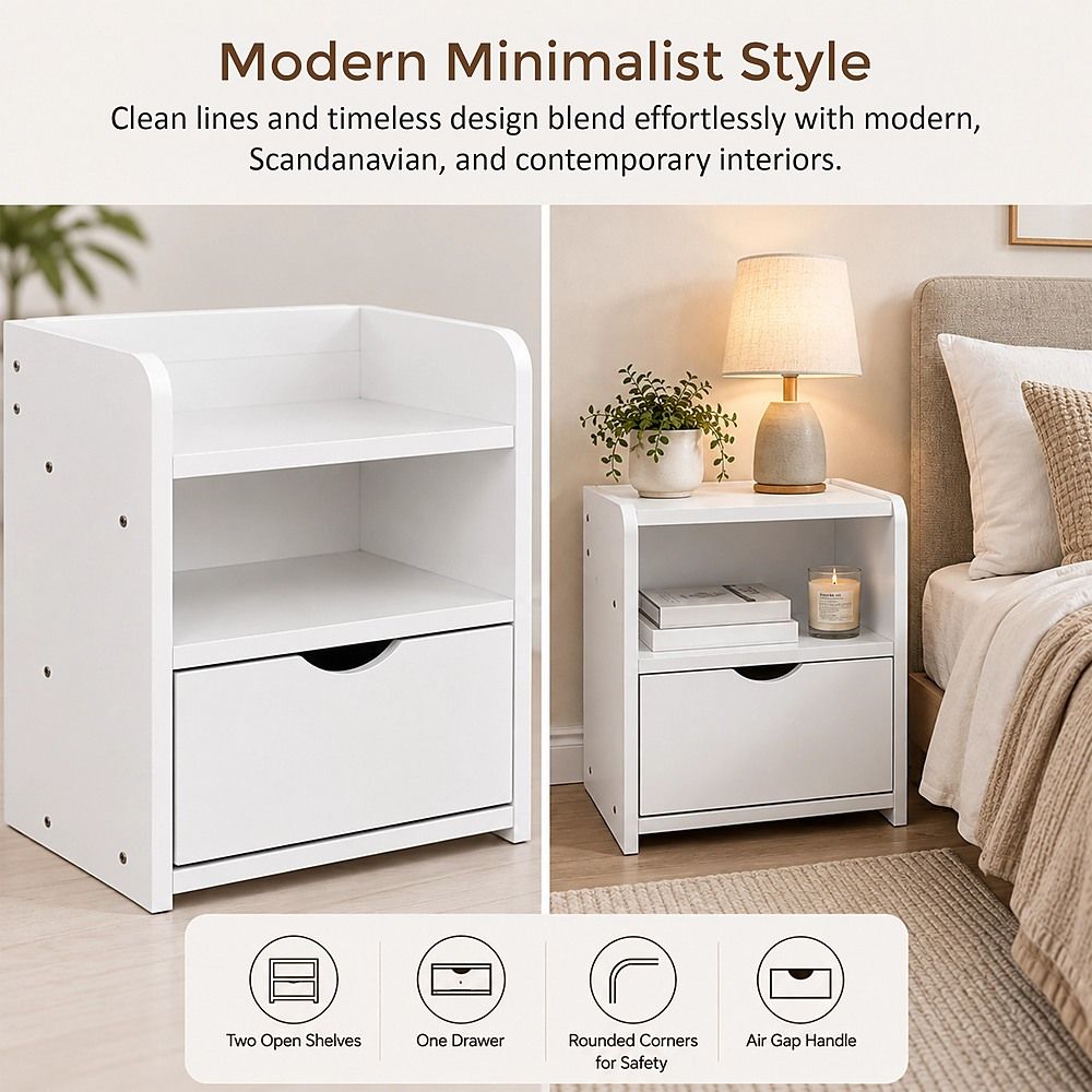 White Bedside Table with Drawer &amp; Open Shelves Bedroom Nightstand Storage Cabinet-Furniture > Office-PEROZ Accessories
