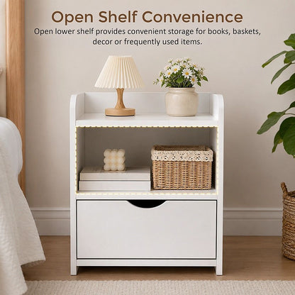 White Bedside Table with Drawer &amp; Open Shelves Bedroom Nightstand Storage Cabinet-Furniture > Office-PEROZ Accessories