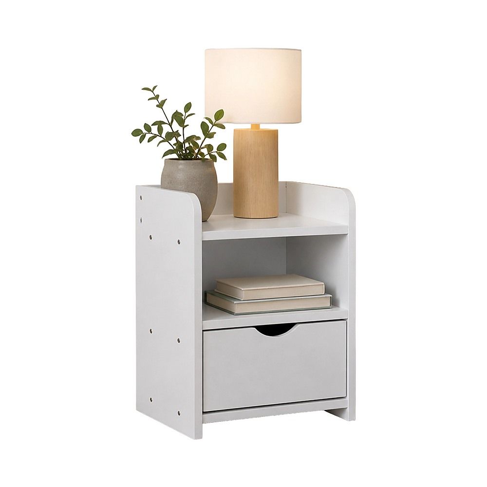 White Bedside Table with Drawer &amp; Open Shelves Bedroom Nightstand Storage Cabinet-Furniture > Office-PEROZ Accessories