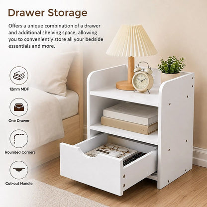 White Bedside Table with Drawer &amp; Open Shelves Bedroom Nightstand Storage Cabinet-Furniture > Office-PEROZ Accessories