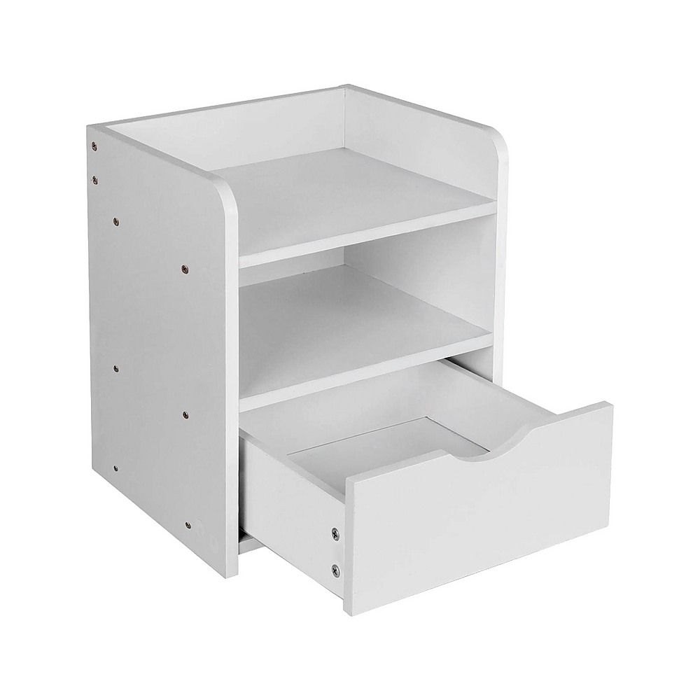 White Bedside Table with Drawer &amp; Open Shelves Bedroom Nightstand Storage Cabinet-Furniture > Office-PEROZ Accessories