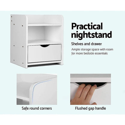 White Bedside Table with Drawer &amp; Open Shelves Bedroom Nightstand Storage Cabinet-Furniture > Office-PEROZ Accessories