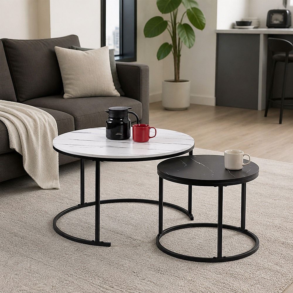 Set of 2 Coffee Table Round Marble Nesting Side End Table Furniture-Furniture > Living Room > Coffee Tables-PEROZ Accessories