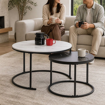 Set of 2 Coffee Table Round Marble Nesting Side End Table Furniture-Furniture > Living Room > Coffee Tables-PEROZ Accessories