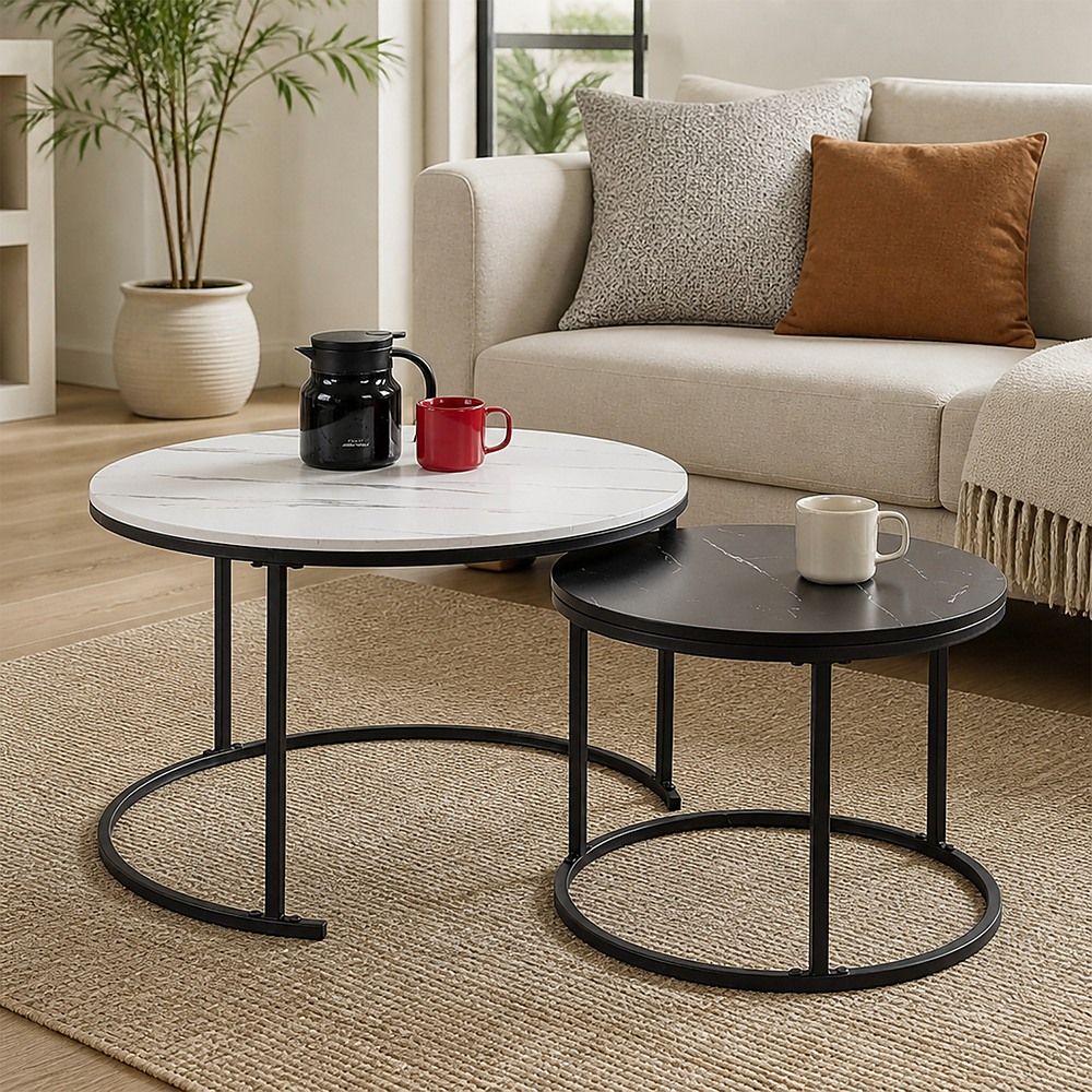 Set of 2 Coffee Table Round Marble Nesting Side End Table Furniture-Furniture > Living Room > Coffee Tables-PEROZ Accessories