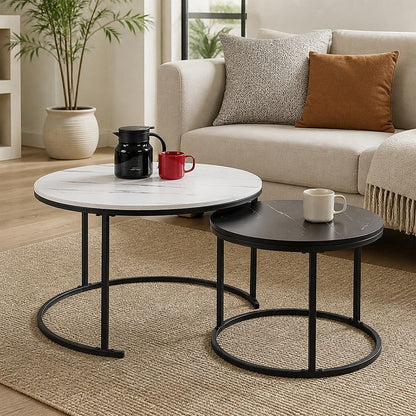Set of 2 Coffee Table Round Marble Nesting Side End Table Furniture-Furniture > Living Room > Coffee Tables-PEROZ Accessories