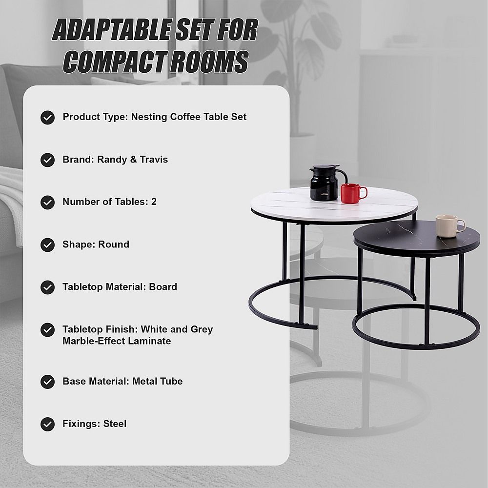 Set of 2 Coffee Table Round Marble Nesting Side End Table Furniture-Furniture > Living Room > Coffee Tables-PEROZ Accessories
