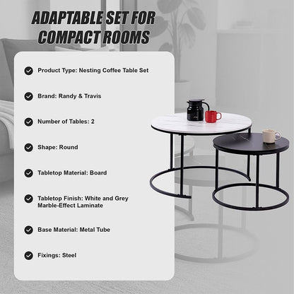Set of 2 Coffee Table Round Marble Nesting Side End Table Furniture-Furniture > Living Room > Coffee Tables-PEROZ Accessories