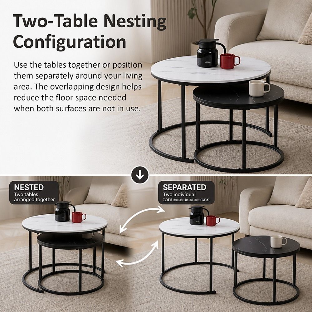 Set of 2 Coffee Table Round Marble Nesting Side End Table Furniture-Furniture > Living Room > Coffee Tables-PEROZ Accessories