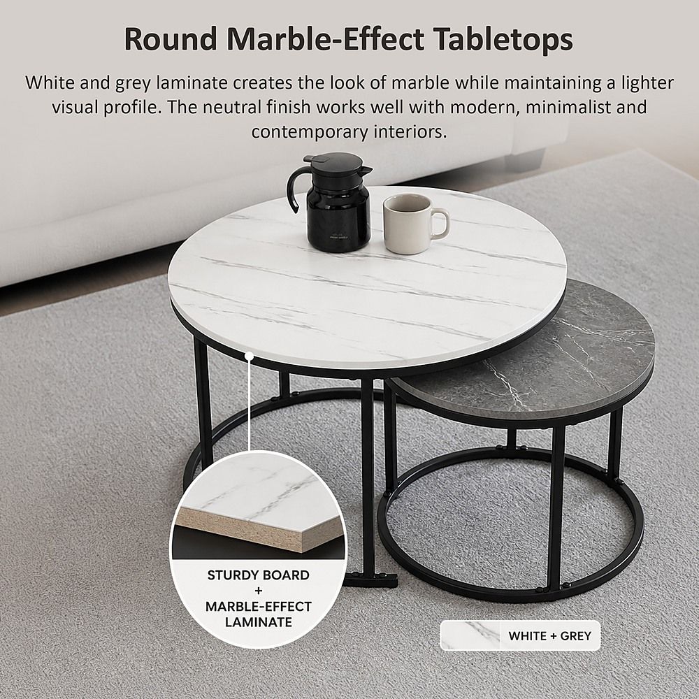 Set of 2 Coffee Table Round Marble Nesting Side End Table Furniture-Furniture > Living Room > Coffee Tables-PEROZ Accessories