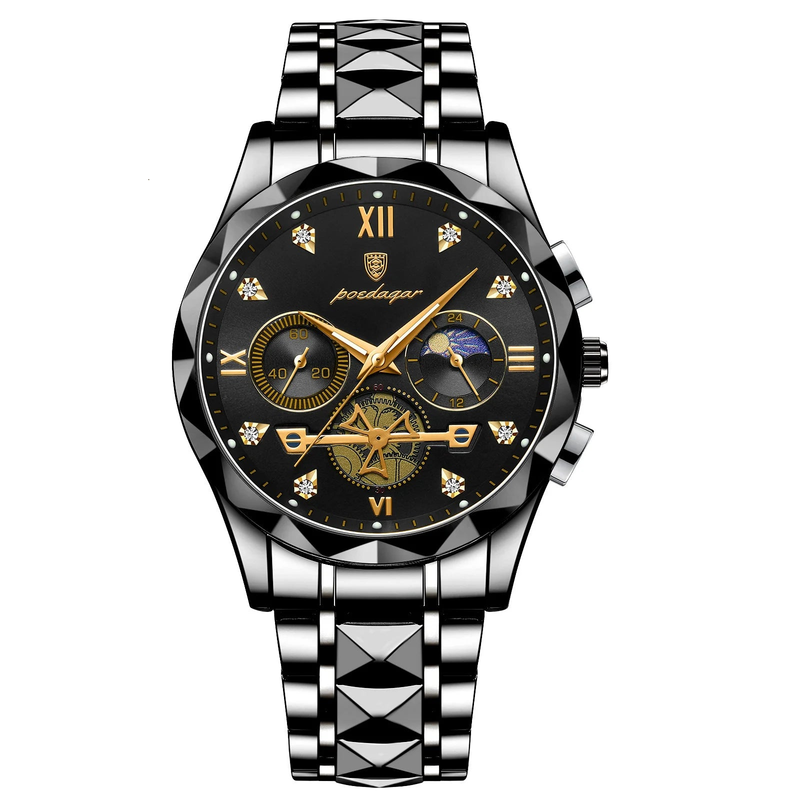 NNEOBA Mens Waterproof Luminous Chronograph Wristwatch - Black-Quartz Watches-PEROZ Accessories