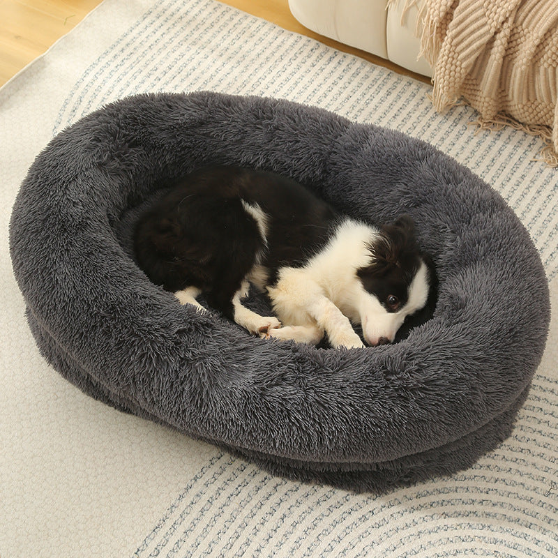 Fluffy Donut-Shaped Pet Bed- Soft, Cozy, and Anti-Anxiety for Dogs and Cats, Machine Washable Dark Gray Size:L 90*65*20cm-Pet Care &gt; Dog Supplies &gt; Dog Beds-PEROZ Accessories