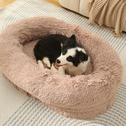 Fluffy Donut-Shaped Pet Bed- Soft, Cozy, and Anti-Anxiety for Dogs and Cats, Machine Washable Beige Brown Size:M 75*55*18cm-Pet Care &gt; Dog Supplies &gt; Dog Beds-PEROZ Accessories