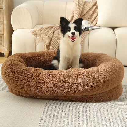 Fluffy Donut-Shaped Pet Bed- Soft, Cozy, and Anti-Anxiety for Dogs and Cats, Machine Washable khaki Size:L 90*65*20cm-Pet Care &gt; Dog Supplies &gt; Dog Beds-PEROZ Accessories
