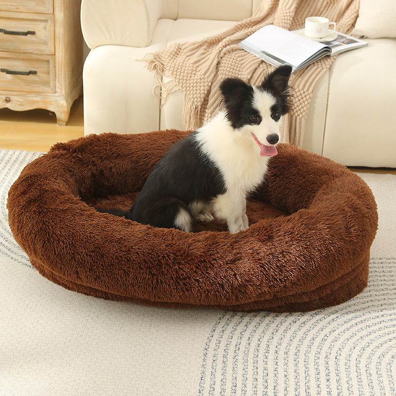 Fluffy Donut-Shaped Pet Bed- Soft, Cozy, and Anti-Anxiety for Dogs and Cats, Machine Washable Coffee Size:L 90*65*20cm-Pet Care &gt; Dog Supplies &gt; Dog Beds-PEROZ Accessories